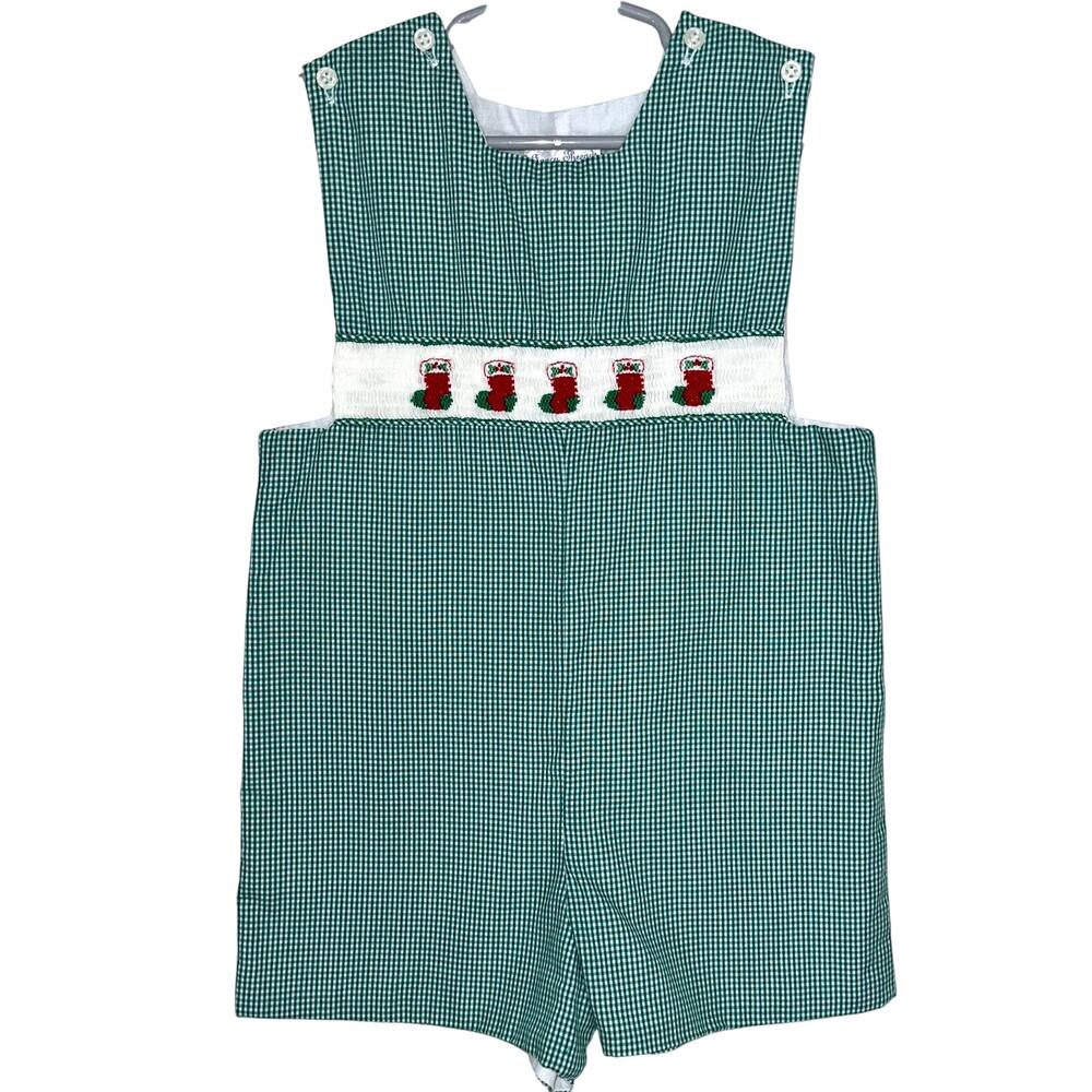 Vintage Fancy Threads Christmas Smocked Stocking Gingham One Piece Romper Size 4